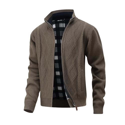 MeiLayM Herren Fleecejacke Stehkragen Strickjacke Warm Winterjacke mit Zopfmuster Voller Reißverschluss Sweatjacke Grobstrick Langarm Cardigan Khaki,M von MeiLayM