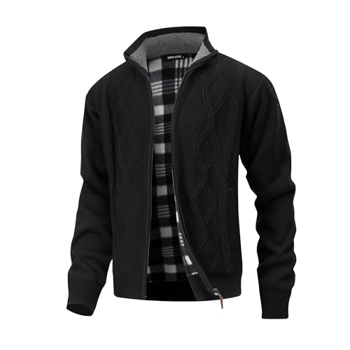 MeiLayM Herren Fleecejacke Stehkragen Strickjacke Warm Winterjacke mit Zopfmuster Voller Reißverschluss Sweatjacke Grobstrick Langarm Cardigan Schwarz,XXL von MeiLayM