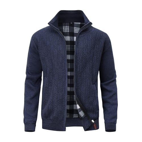 MeiLayM Herren Fleecejacke Strickjacke Cardigans mit Reißverschluss Strickjacke Stehkragen Herbst Winter Cardigan Freizeitjacke Feinstrick Warm Sweatjacke Blau,XXL von MeiLayM