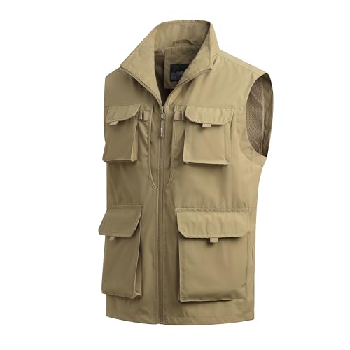 MeiLayM Herren Outdoor Weste Angelweste mit Vielen Taschen Weste Sommer Sport Weste Leicht Atmungsaktiv Weste Jagd und Fotografie Weste Multifunktionsweste Freizeit Ärmellose Jacke Khaki,L von MeiLayM