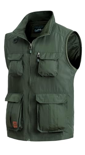 MeiLayM Herren Outdoor Weste Anglerweste Ärmellos Freizeit Jacke mit Vielen Taschen Weste Leicht Atmungsaktiv Sport Weste Jagd und Fotografie Wandern Weste Grün,L von MeiLayM