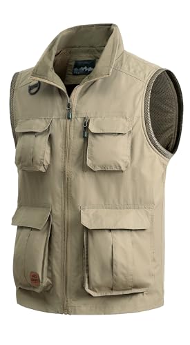 MeiLayM Herren Outdoor Weste Anglerweste Ärmellos Freizeit Jacke mit Vielen Taschen Weste Leicht Atmungsaktiv Sport Weste Jagd und Fotografie Wandern Weste Khaki,L von MeiLayM