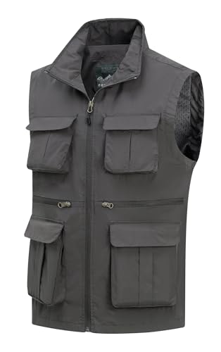 MeiLayM Herren Outdoor Weste Anglerweste Leicht Atmungsaktiv Weste Vielen Taschen Weste Freizeit Schnelltrocknende Weste Sport Ärmellose Jacke Hundeweste Jagd Fotografie Weste Grau,S von MeiLayM