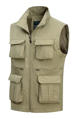 MeiLayM Herren Outdoor Weste Anglerweste Leicht Atmungsaktiv Weste Vielen Taschen Weste Freizeit Schnelltrocknende Weste Sport Ärmellose Jacke Hundeweste Jagd Fotografie Weste Khaki,S von MeiLayM