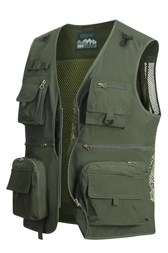 MeiLayM Herren Outdoor Weste Anglerweste mit Mehreren Taschen Leicht Fotografie Weste Sommer Multifunktionsweste Camping Jagd Weste Atmungsaktiv Ärmellos Jacke Armeegrün,L von MeiLayM