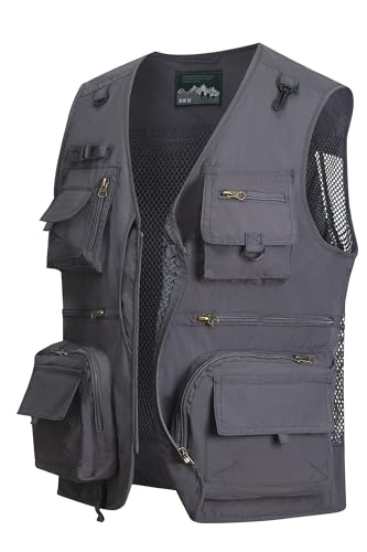 MeiLayM Herren Outdoor Weste Anglerweste mit Mehreren Taschen Leicht Fotografie Weste Sommer Multifunktionsweste Camping Jagd Weste Atmungsaktiv Ärmellos Jacke Grau,XXL von MeiLayM