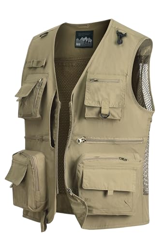 MeiLayM Herren Outdoor Weste Anglerweste mit Mehreren Taschen Leicht Fotografie Weste Sommer Multifunktionsweste Camping Jagd Weste Atmungsaktiv Ärmellos Jacke Khaki,XL von MeiLayM