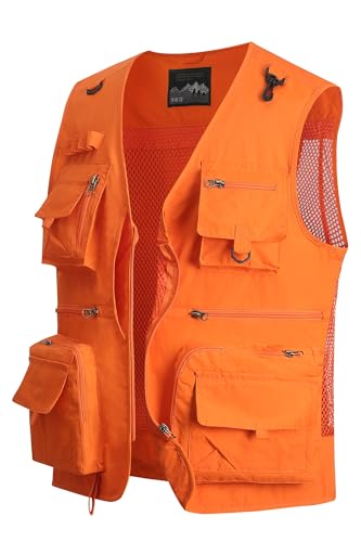 MeiLayM Herren Outdoor Weste Anglerweste mit Mehreren Taschen Leicht Fotografie Weste Sommer Multifunktionsweste Camping Jagd Weste Atmungsaktiv Ärmellos Jacke Orange,4XL von MeiLayM