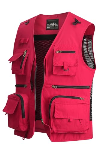 MeiLayM Herren Outdoor Weste Anglerweste mit Mehreren Taschen Leicht Fotografie Weste Sommer Multifunktionsweste Camping Jagd Weste Atmungsaktiv Ärmellos Jacke Rot,XXL von MeiLayM