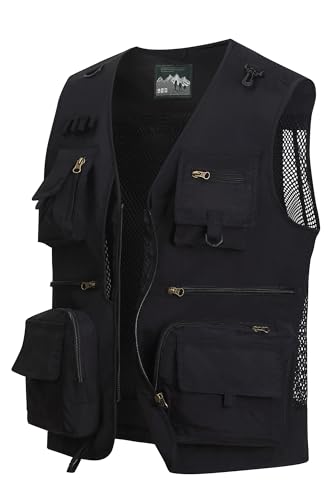 MeiLayM Herren Outdoor Weste Anglerweste mit Mehreren Taschen Leicht Fotografie Weste Sommer Multifunktionsweste Camping Jagd Weste Atmungsaktiv Ärmellos Jacke Schwarz,S von MeiLayM