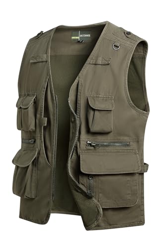 MeiLayM Herren Outdoor Weste Anglerweste mit Multi-Taschened Sommer Freizeit Baumwolle Weste Hundeweste Leicht Safari Weste Fotografie Weste Camping Wandern Ärmellos Jacke Armeegrün,S von MeiLayM