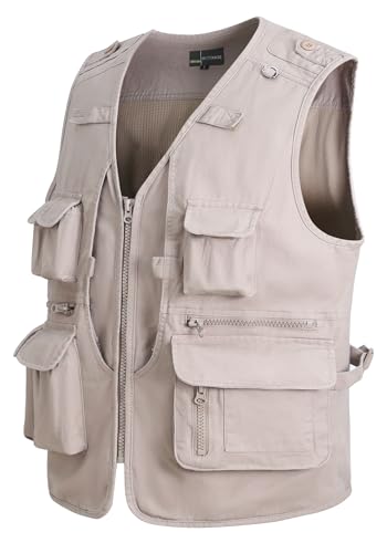 MeiLayM Herren Outdoor Weste Anglerweste mit Multi-Taschened Sommer Freizeit Baumwolle Weste Hundeweste Leicht Safari Weste Fotografie Weste Camping Wandern Ärmellos Jacke Beige,3XL von MeiLayM