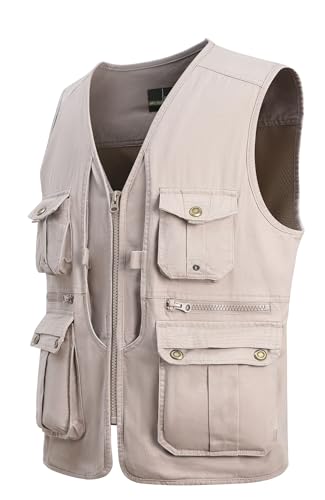 MeiLayM Herren Outdoor Weste Anglerweste mit Vielen Taschen Freizeit Jagd Herrenwesten Sommer Camping Multifunktionsweste Schnelltrocknend Ärmellos Jacke Fotografie Hundesport Weste Beige,3XL von MeiLayM