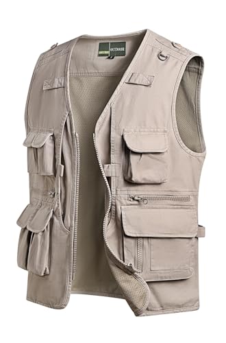 MeiLayM Herren Outdoor Weste Anglerweste mit Multi-Taschened Sommer Freizeit Baumwolle Weste Hundeweste Leicht Safari Weste Fotografie Weste Camping Wandern Ärmellos Jacke Beige,XL von MeiLayM