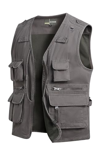 MeiLayM Herren Outdoor Weste Anglerweste mit Multi-Taschened Sommer Freizeit Baumwolle Weste Hundeweste Leicht Safari Weste Fotografie Weste Camping Wandern Ärmellos Jacke Grau,S von MeiLayM