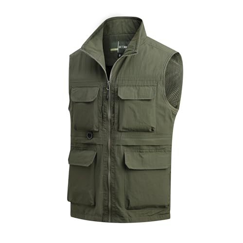 MeiLayM Herren Outdoor Weste Anglerweste mit Vielen Taschen Schnelltrocknende Sport Weste Atmungsaktiv Freizeitweste Leicht Multifunktionsweste Jagd Fotografie Ärmellos Jacke Armeegrün,XXL von MeiLayM
