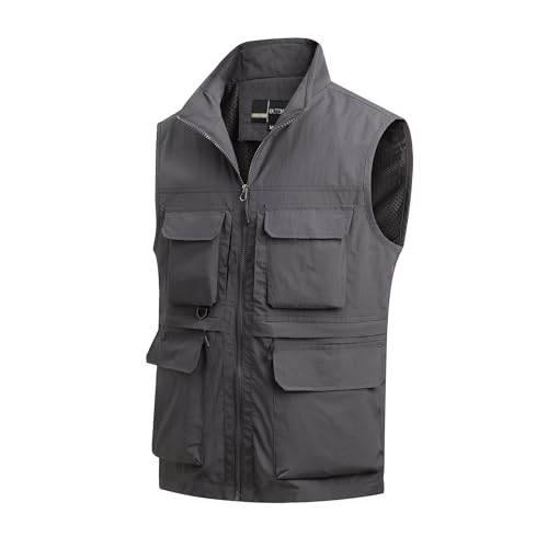 MeiLayM Herren Outdoor Weste Anglerweste mit Vielen Taschen Schnelltrocknende Sport Weste Atmungsaktiv Freizeitweste Leicht Multifunktionsweste Jagd Fotografie Ärmellos Jacke Grau,XXL von MeiLayM