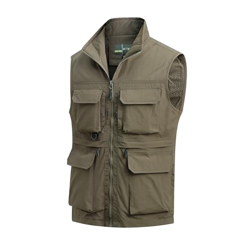 MeiLayM Herren Outdoor Weste Anglerweste mit Vielen Taschen Schnelltrocknende Sport Weste Atmungsaktiv Freizeitweste Leicht Multifunktionsweste Jagd Fotografie Ärmellos Jacke Kaffee,L von MeiLayM