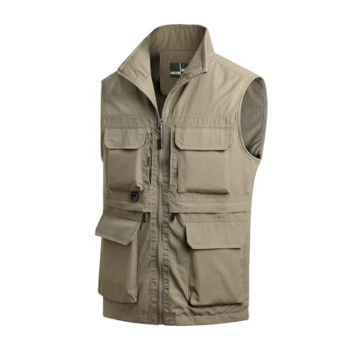 MeiLayM Herren Outdoor Weste Anglerweste mit Vielen Taschen Schnelltrocknende Sport Weste Atmungsaktiv Freizeitweste Leicht Multifunktionsweste Jagd Fotografie Ärmellos Jacke Khaki,XL von MeiLayM