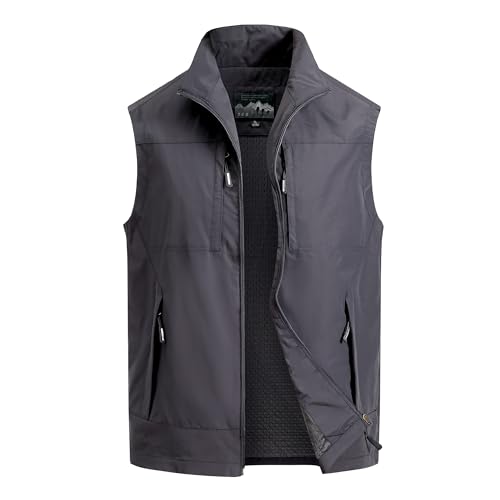MeiLayM Herren Outdoor Weste Atmungsaktiv Anglerweste Sommer Schnelltrocknend Weste Vielen Taschen Weste Freizeit Ärmellos Jacke Camping Safari Fotografie Weste Grau,XXL von MeiLayM