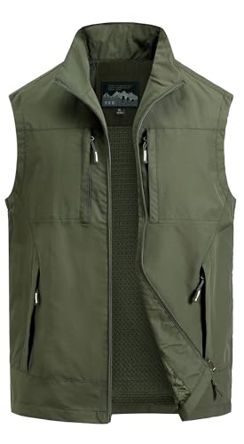 MeiLayM Herren Outdoor Weste Atmungsaktiv Anglerweste Sommer Schnelltrocknend Weste Vielen Taschen Weste Freizeit Ärmellos Jacke Camping Safari Fotografie Weste Grün,M von MeiLayM