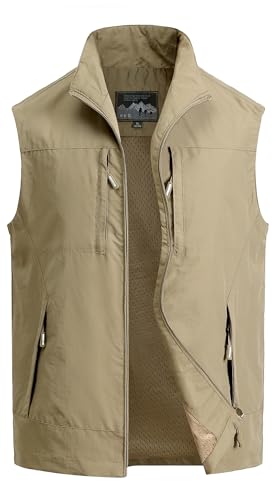 MeiLayM Herren Outdoor Weste Atmungsaktiv Anglerweste Sommer Schnelltrocknend Weste Vielen Taschen Weste Freizeit Ärmellos Jacke Camping Safari Fotografie Weste Khaki,L von MeiLayM