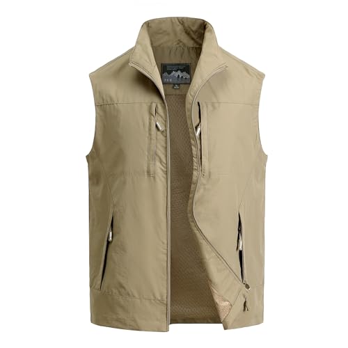 MeiLayM Herren Outdoor Weste Atmungsaktiv Anglerweste Sommer Schnelltrocknend Weste Vielen Taschen Weste Freizeit Ärmellos Jacke Camping Safari Fotografie Weste Khaki,L von MeiLayM