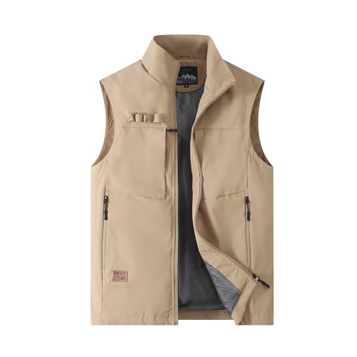 MeiLayM Herren Outdoor Weste Atmungsaktiv Sport Weste Anglerweste Leicht Ärmellos Jacke Sommer Multi Pocket Weste Camping Wandern Khaki,L von MeiLayM