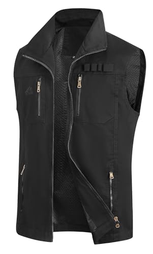 MeiLayM Herren Outdoor Weste Leicht Anglerweste mit Mehreren Taschen Baumwolle Stehkragen Vintage-Weste Ärmellos Jacke Sport Weste Jagd Fotografie Wandern Camping Weste Schwarz,M von MeiLayM