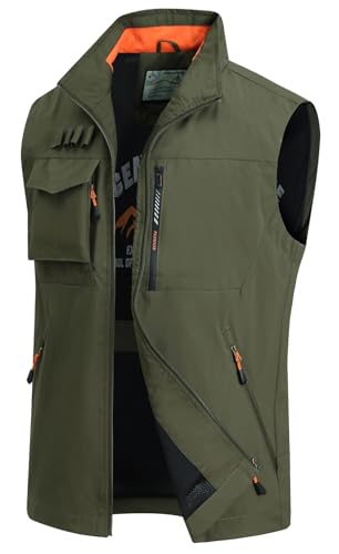 MeiLayM Herren Outdoor Weste Sommerzeit Anglerwesten mit Multi-Taschened Weste Schnelltrocknende Jagd Weste Leicht Atmungsaktiv Weste Ärmellose Jacke Lässige Jacken Tops Armeegrün,XL von MeiLayM