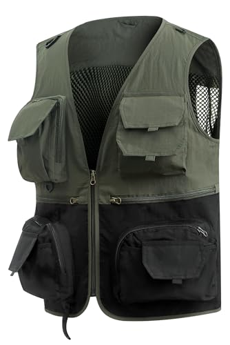 MeiLayM Herren Outdoor Weste Vielen Taschen Anglerweste Schnelltrocknend Weste Atmungsaktiv Freizeitweste Leicht Fotografie Sport Weste Sommer Ärmellos Jacke Armeegrün,XXL von MeiLayM