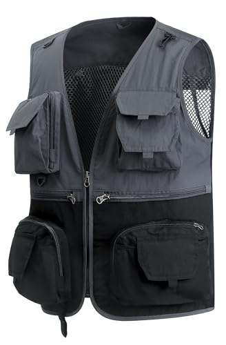 MeiLayM Herren Outdoor Weste Vielen Taschen Anglerweste Schnelltrocknend Weste Atmungsaktiv Freizeitweste Leicht Fotografie Sport Weste Sommer Ärmellos Jacke Grau,M von MeiLayM