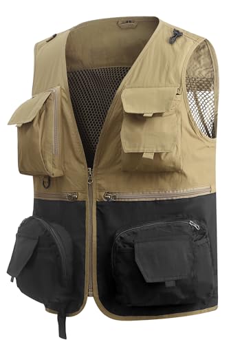 MeiLayM Herren Outdoor Weste Vielen Taschen Anglerweste Schnelltrocknend Weste Atmungsaktiv Freizeitweste Leicht Fotografie Sport Weste Sommer Ärmellos Jacke Khaki,XXL von MeiLayM