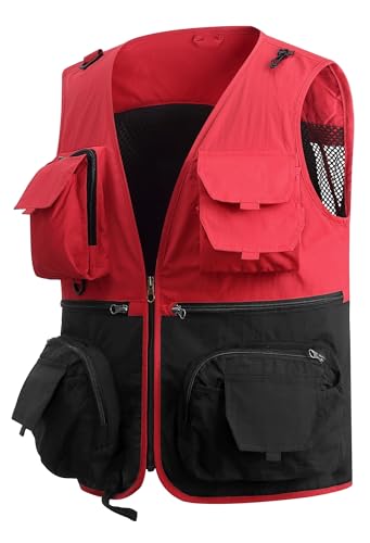 MeiLayM Herren Outdoor Weste Vielen Taschen Anglerweste Schnelltrocknend Weste Atmungsaktiv Freizeitweste Leicht Fotografie Sport Weste Sommer Ärmellos Jacke Rot,XXL von MeiLayM