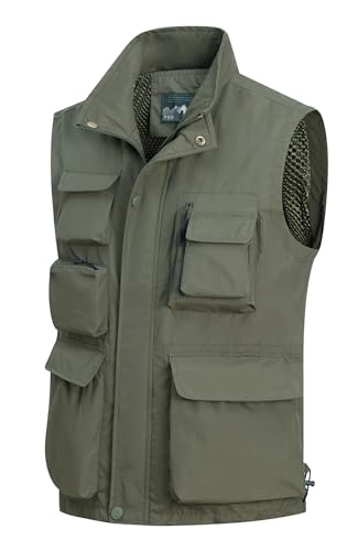 MeiLayM Herren Outdoor Weste mit Vielen Taschen Anglerweste Ärmellose Freizeit Weste Leicht Atmungsaktiv Weste Sommer schnelltrocknend Gilet Jagd Fotografie Sport Weste Armeegrün,XL von MeiLayM