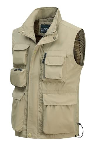 MeiLayM Herren Outdoor Weste mit Vielen Taschen Anglerweste Ärmellose Freizeit Weste Leicht Atmungsaktiv Weste Sommer schnelltrocknend Gilet Jagd Fotografie Sport Weste Khaki,M von MeiLayM