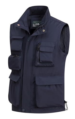 MeiLayM Herren Outdoor Weste mit Vielen Taschen Anglerweste Ärmellose Freizeit Weste Leicht Atmungsaktiv Weste Sommer schnelltrocknend Gilet Jagd Fotografie Sport Weste Navyblau,S von MeiLayM