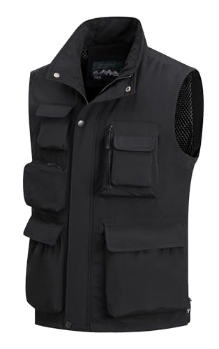 MeiLayM Herren Outdoor Weste mit Vielen Taschen Anglerweste Ärmellose Freizeit Weste Leicht Atmungsaktiv Weste Sommer schnelltrocknend Gilet Jagd Fotografie Sport Weste Schwarz,L von MeiLayM