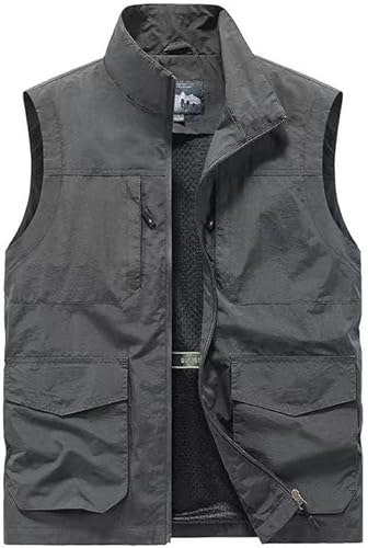 MeiLayM Herren Outdoor Weste mit Vielen Taschen Anglerweste Leicht Safari Multifunktionsweste Atmungsaktiv Nylon Weste Camping Fotografie Ärmellos Jacke Grau,L von MeiLayM