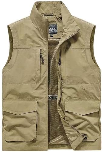 MeiLayM Herren Outdoor Weste mit Vielen Taschen Anglerweste Leicht Safari Multifunktionsweste Atmungsaktiv Nylon Weste Camping Fotografie Ärmellos Jacke Khaki,L von MeiLayM