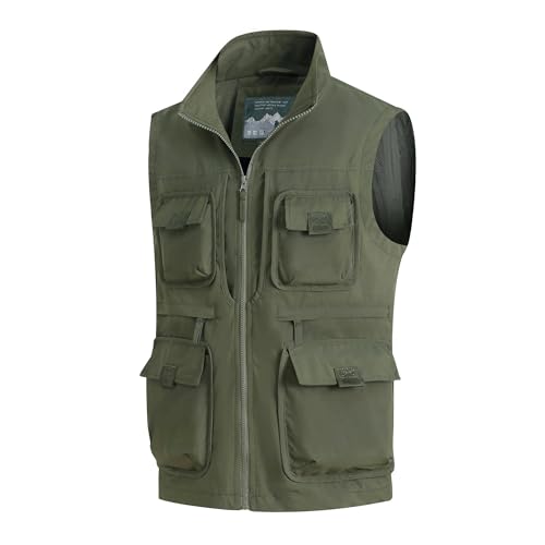 MeiLayM Herren Outdoor Weste mit Vielen Taschen Leicht Atmungsaktiv Anglerweste Freizeit Multifunktionsweste schnelltrocknend Ärmellos Jacke Reporterwesten Safari Trekking Armeegrün,3XL von MeiLayM
