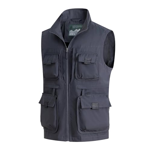 MeiLayM Herren Outdoor Weste mit Vielen Taschen Leicht Atmungsaktiv Anglerweste Freizeit Multifunktionsweste schnelltrocknend Ärmellos Jacke Reporterwesten Safari Trekking Grau,3XL von MeiLayM