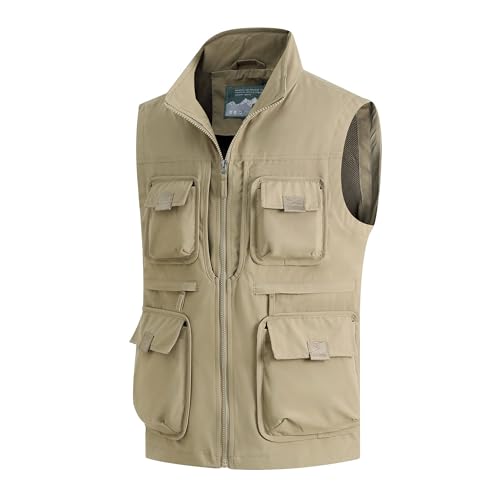 MeiLayM Herren Outdoor Weste mit Vielen Taschen Leicht Atmungsaktiv Anglerweste Freizeit Multifunktionsweste schnelltrocknend Ärmellos Jacke Reporterwesten Safari Trekking Khaki,S von MeiLayM