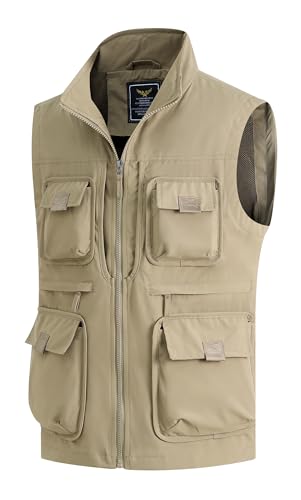 MeiLayM Herren Outdoor Weste mit Vielen Taschen Leicht Atmungsaktiv Anglerweste Freizeit Multifunktionsweste schnelltrocknend Ärmellos Jacke Reporterwesten Safari Trekking Khaki,XXL von MeiLayM