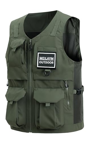 MeiLayM Herren Outdoor Weste mit Vielen Taschen Leicht Atmungsaktiv Anglerweste schnelltrocknend Multifunktions Weste Camping Fotografie Ärmellos Jacke Armeegrün,M von MeiLayM