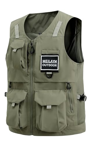 MeiLayM Herren Outdoor Weste mit Vielen Taschen Leicht Atmungsaktiv Anglerweste schnelltrocknend Multifunktions Weste Camping Fotografie Ärmellos Jacke Hellgrün,S von MeiLayM