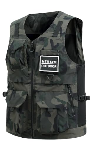 MeiLayM Herren Outdoor Weste mit Vielen Taschen Leicht Atmungsaktiv Anglerweste schnelltrocknend Multifunktions Weste Camping Fotografie Ärmellos Jacke Tarnfarbe Grün,L von MeiLayM