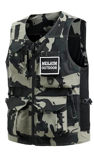 MeiLayM Herren Outdoor Weste mit Vielen Taschen Leicht Atmungsaktiv Anglerweste schnelltrocknend Multifunktions Weste Camping Fotografie Ärmellos Jacke Tarnfarbe Khaki,XXL von MeiLayM