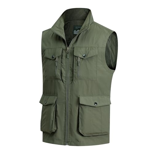 MeiLayM Herren Outdoor Weste mit Vielen Taschen Schnelltrocknende Freizeitweste Leicht Anglerweste Sommer Atmungsaktiv Ärmellose Jacke Sport Multifunktionsweste Camping Fotografie Weste Armeegrün,4XL von MeiLayM