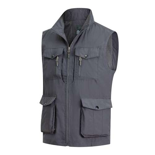 MeiLayM Herren Outdoor Weste mit Vielen Taschen Schnelltrocknende Freizeitweste Leicht Anglerweste Sommer Atmungsaktiv Ärmellose Jacke Sport Multifunktionsweste Camping Fotografie Weste Grau,L von MeiLayM